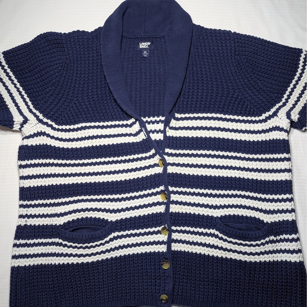 Lands' End Women 3X Cardigan Cotton Acrylic Navy White Stripe Coastal Grandma